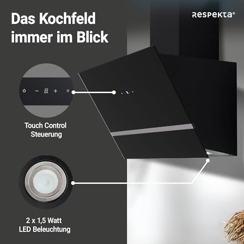 Respekta Dunstabzugshaube kopffrei / Dunstabzugshaube schräg 60 cm / Metallgehäuse mit Glasschirm in Schwarz / Abluft - und Umluftfunktion / CH24060SAM / A / 54 – 67,5 dB