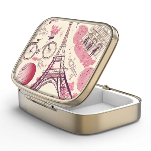 Image of Pill Case Pill Box with Mirror Retro 2 Compartment Small Pill Case for Purse or Pocket Bronze Rectangular Pill Box or Vitamins, Fish Oil, Supplements, Pill Containe Travel Gifts(Paris Eiffel Tower)