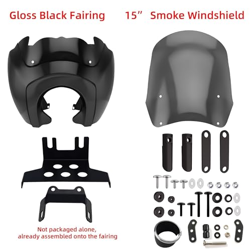 Image of FATECIM Motorcycle 5.75 inch Headlight Fairing with 15 inch Smoke Windshield Windscreen & Mounting Kit Headlight Extension Block For Harley Low Rider S FXLRS 2020 2021 2022 2023