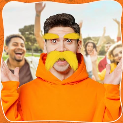 Yellow Mustache and Eyebrows, Funny Cosplay Costume Accessories, Reusable Stick-on Fake Beard Mustaches Bushy Eyebrows for Dressup Day Halloween Party Favors Men Women 1