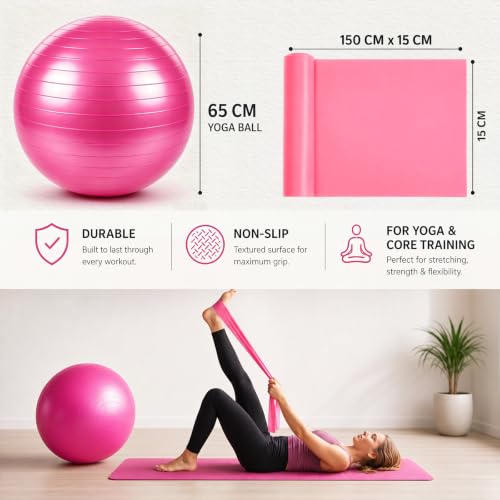 Image of Sotiff Pilates Kit 23-26 Inch Pilates Yoga Ball Exercise Balls and Resistance Band Set for Workout Pregnancy Stability 15-25lbs Anti-Burst with Foot Pump for Office, Home and Gym