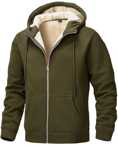 Tansozer Mens Fleece Jackets Full Zip with Hood Sweatshirt Sherpa Lined Hoodie Casual Winter Coat Warm Jumper, Army Green, M