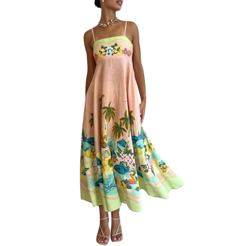 Loalirando Women Summer Spaghetti Straps Aesthetic Sleeveless Maxi Flowy Dress Sleeveless Oversized Ruffle Beach Party Strappy Long Dress Bohemian Floral A-Line Dress (Orange 1, M)