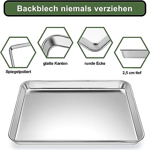 Terlulu Backblech, 2 Stück Edelstahl Kuchenblech Backofenblech, Rechteckige Ofenblech für Backen Braten Servieren zum Backen/Braten/Servieren, 40,5x30,4x2,5cm, Ungiftig & Gesund, Spülmaschinenfest
