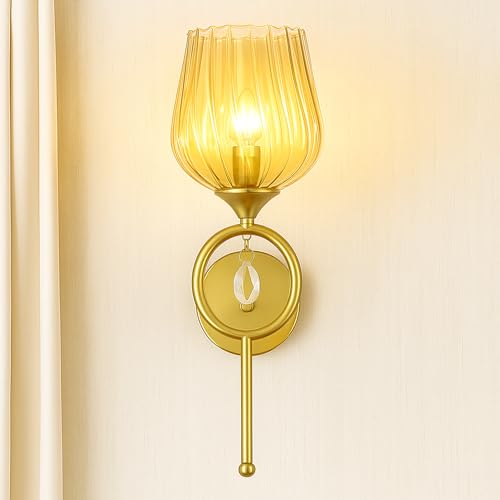 Image of WHITERAY Modern Gold Wall Lamp with Elegant Glass Shade and Crystal Accent, Decorative Wall Sconce for Bedroom, Living Room, Hallway, Dining Room, Hotels and Stylish Home Interior Light (with Bulb)