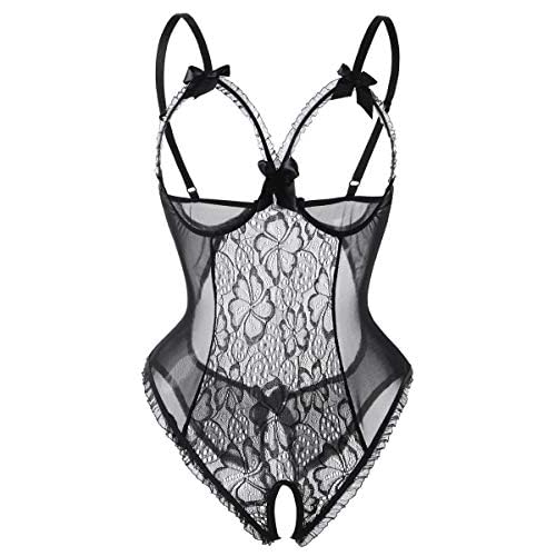 Avondii Damen Transparent Reizwäsche Oberteil Lingerie Bodysuit Nachtwäsche (S, B-Schwarz)