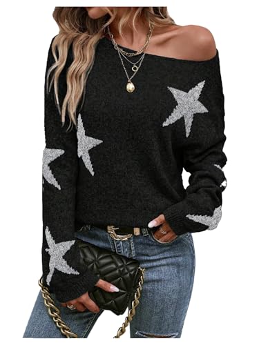 Women's Star Graphic Sweater Y2k Boat Neck Long Sleeve Knit Casual Pullover Tops