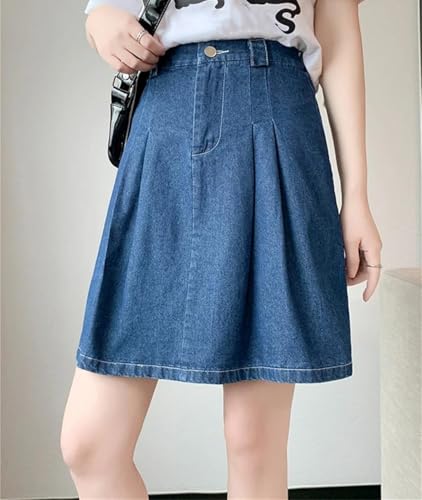 Women's Casual Solid A-Line Jean Mini Skirt Vintage Elastic Waist Folds Jupe Loose Mini3