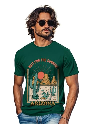 Image of Veirdo Regular Fit Half Sleeves Round Neck Arizona Typographic Printed Pure Cotton T-Shirt for Men (Colors: Green & Navy)