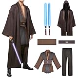 Melwod Men's Tunic Cosplay Costume with 2 PCS Light Up Saber Tunic Hooded Robe Full Set for Halloween Party (Brown, M)