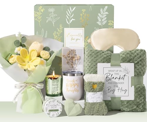 Birthday Gifts for Women Self Care Package Get Well Soon Gift Baskets Thinking of You Sympathy Gift Set w/ Crochet Flower Bouquet Unique Christmas Spa Gifts for Women Mom Her Best Friend Sister Wife