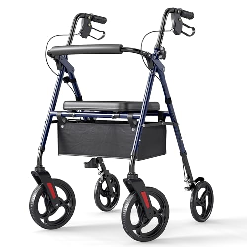 ELENKER Rollator Walker with 10” Wheels, Sponge Padded Seat and Backrest, Fully Adjustment Frame for Seniors, Blue