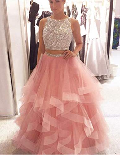 Kabuni 2 Piece Prom Dress Long Beaded Quinceanera Dress Layered Ruffle Tulle Sweet 16 Dress Ball Gown Orange16 #TOP4