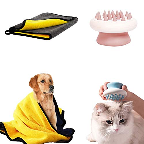 KuraMart Ultra-Soft Silicone Pet Grooming Shampoo Shedding Dry Wet Massage Bath Deshedding Brush & Absorbent Microfiber Drying Pet Bath Towel for Dogs Cats (Pink)