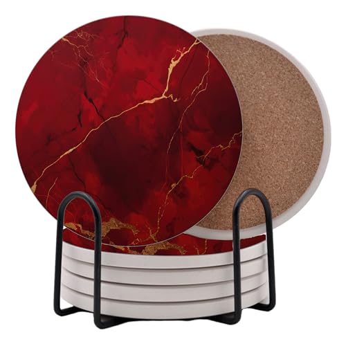 Red Agate Marble Round Coasters Set of 6 - Abosrbent Ceramic Coasters with Metal Stand for Drinks, Coffee, Non-Slip Cork Back for Tabletop Protection, 4 Inches Marbled Pattern (Dark Marble)