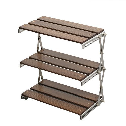 fancyflyアウトドアラック キャンプラック ステンレススチール 2層 3層 折りたたみ式 デスクトップ収納 小物ラック 組み立て簡単 (木の色,3階) (3階,ダークウォルナット)