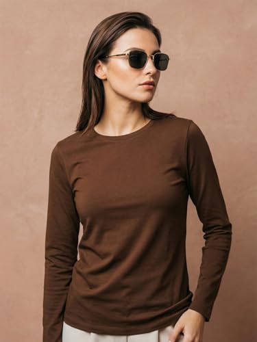 Image of JUNEBERRY Pure Cotton Round Neck Regular Fit Core Fashion Solid Full Sleeve T-Shirt for Women & Girls (Colors: Black, Cork, Green, Navy, Swanwhite & White)