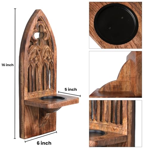 Homebia Designs Cathedral Arch Wooden Wall Candle Sconces with Mirror - Pack of 2, 16 Inch Rustic Pillar Candle Holders, Handcrafted Gothic Window Décor for Christmas & Everyday Use - Natural Burnt by Homebia Designs - Image 5