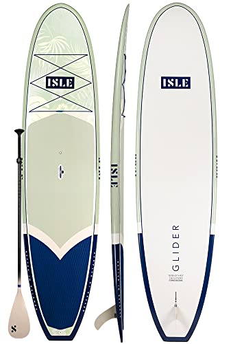 ISLE Glider Rigid Epoxy Stand Up Paddle Board with SUP Package — Wood Grain Board Includes Paddle, Leash, Fin — 10'10