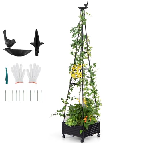 GiantexUK Raised Garden Bed with Obelisk Trellis, Rolling Garden Planter Pox with Wheels, Water Separation Net & Drainage Holes, Outdoor Elevated Flower Vegetables Herbs Climbing Plants Grow Box