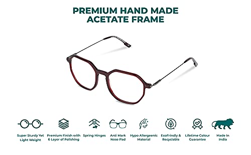 Image of Faddish Anti-glare Hexagon Unisex Spectacle Frame with UV400 & Bluelight Blocking Computer Glasses for Eye Protection from Bluelight by Computer Mobile(HEX C5N BBL|Blue Block|UV400|Burgandy)