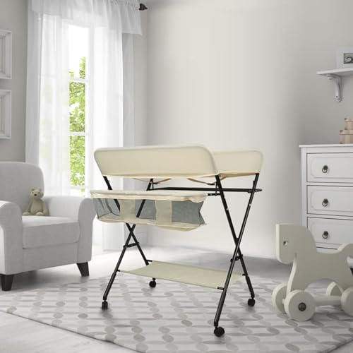 Table à langer pour bébé pliante et mobile avec 3 compartiments de rangement beige