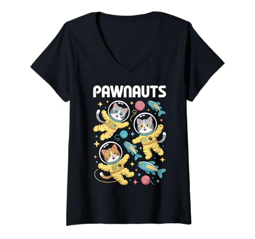 Mujer Pawnauts Cat Funny Kitten Space Mujeres Niñas Niños Hombres Camiseta Cuello V