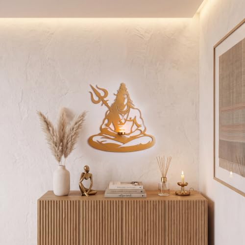 Image of Shiva Wall Decor with Tealight Candle Holder | Gold Powder Coated Iron Wall Art | Metal Wall Hanging for Living Room, Bedroom, Mandir & Home Decoration | 17.75 x 18 Inch