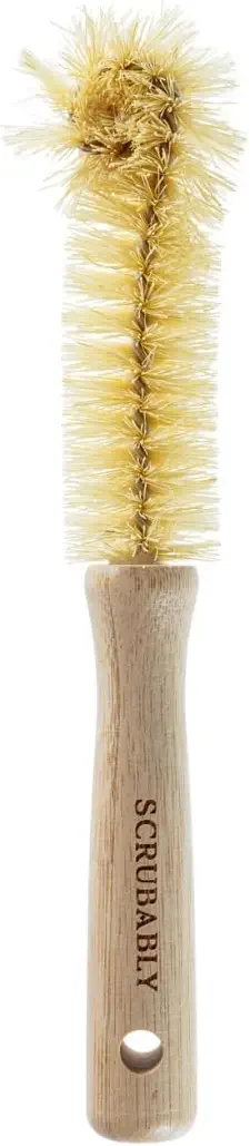 SCRUBABLY Natural Bottle Brush, 24cm, Curved, Flexible, Bendable Wire, Bamboo Handle, Firm Sisal Bristles, Baby Bottle Brush, Cleans Sippy Cups, Mugs, Wine Glass, Small Drinkware