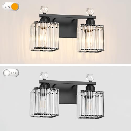 Image of Lxybcce Modern 14In 2-Lights Bathroom Vanity Light, Crystal Bathroom Light Fixtures, Black Vanity Light Fixtures Over Mirror, Easy Installation & Shadow-Free Illumination for Bathroom Mirror Decor