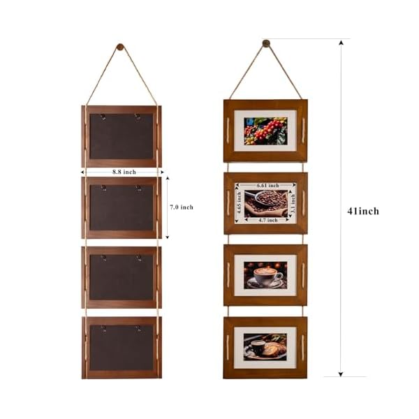 Dlquarts 5×7 hanging collage picture frames wall decor 4 opening 5×7 matted to 35×5 photo rustic wood frame with hemp rope 2 pack dark walnut  urban country home decor
