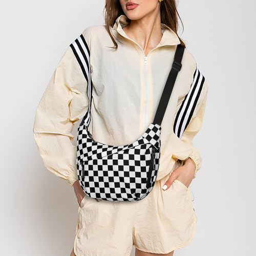 Image of Lushandy Nylon Crescent Crossbody Bags for Women, Medium Slouchy Hobo Crossbody Bag Checkered Purse Luna Bag for Travel