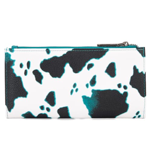 Image of Montana West Wrangler Cow Print Wallets Womens Bifold Credit Card Wallet Women's Wallets, Card Cases & Money Organizers Turquoise Wallet for Women Ladies Female Cash Wallet with Smooth Zipper