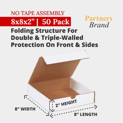 Partners Brand 8x8x2 Corrugated Cardboard Boxes, 8"L x 8"W x 2"H, Pack of 50 | Shipping, Packaging, Moving, Storage Box for Business, Strong Wholesale Bulk Boxes 882