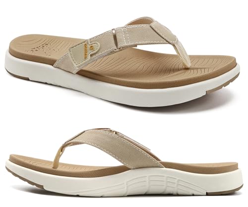 COFACE Flip Flops for Women with Arch Support 2025 Beach Thong Sandals for Woman Adjustable Fashion Orthopedic Leather Sandal Outdoor Size 8.5 beige
