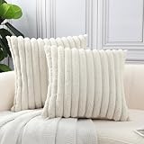 HPUK Faux Fur Plush Striped Throw Pillow Covers 18x18 Inch, Decorative Fluffy Couch Pillow Covers for Living Room, Accent Cozy and Fuzzy Pillow Covers for Couch, Sofa, and Bedroom(Cream White)