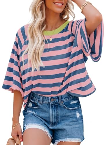Chicrise Tshirt Damen Sommer Kurzarm Gestreiftes Rundhals Oberteile Kurze Oversize Lässige Farbblock Basic Top Rose Blau Klein 34-36