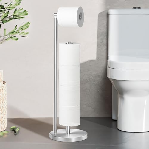 Toilet Paper Holder Stand, Bathroom Toilet Paper Roll Holder Stand with Reserve, Stainless Steel Toilet Paper Roll Holder Stand, Multifunctional Rust-Proof Toilet Paper Holder Stand-Silver