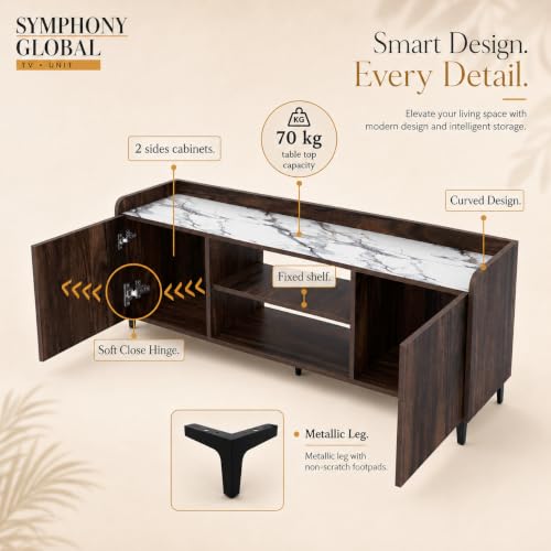 Image of Studio Kook Symphony Global 150 cm TV Unit, Junglewood with Marble Top | 150 cm engineered wood TV cabinet for 40-65 inch TVs, with two side cabinets, open shelves and a 70 kg tabletop capacity.