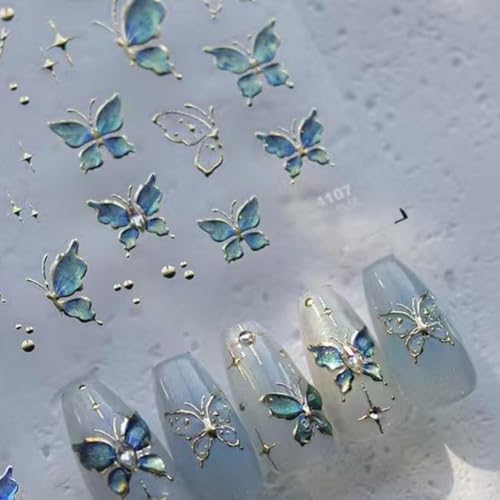 Image of Butterfly Nail Sticker for Nail Art Blue Green Ombre Nail Art Stickers 5D Embossed Rhinestone Design Supplies Jelly Butterfly Stickers for Nails Manicure Decorations