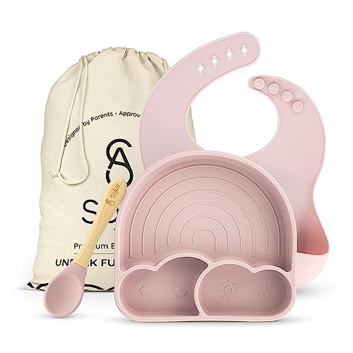 All In One Silicone Baby Feeding Set By SofiAl - Safe for 6-12 Months - Non-Toxic Baby Led Weaning Supplies, Suction Plate Or Bowl, Bib, Spoon & Gift Bag - BPA-Free - Mess Free Baby Feeding Essentials