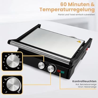 Pukomc Kontaktgrill, 1800W Contact Grill Plattengriller mit Antihaftbeschichtung, 60 Minuten Timer, 180º Öffnung，Sandwiches、 Steak und als Panini grill – Bild 4