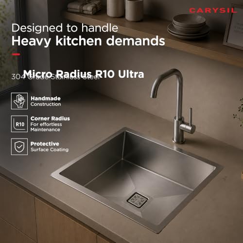 Image of Carysil Micro Radius R10 Handmade 304 Stainless Steel Sink 21x18x8 Inches, 10mm Corner Radius, Single Bowl, Deep Bowl, Sloping Drain, SS Coupling, Special Padding & Anti-Condensation Undercoating
