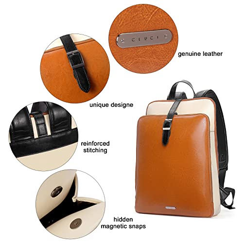 Cluci Leather Laptop Backpack Purse For Women 15.6 Inch Travel Computer Backpack Work Bag Daypack Brown With Off-White #TOP3