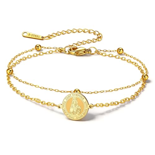 Long tiantian St Dymphna Bracelet For Women Catholic Bracelet Saint Dymphna Charm Bracelet Gold Layered Religious Jewelry Faith Gift For Her