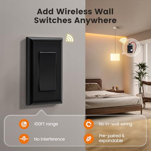 Image of SURAIELEC Wireless Light Switch and Receiver Kit, Black, 15A Remote Control