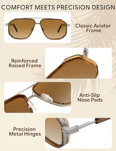 Image of BIRCEN Men's Polarized Aviator Sunglasses: Acetate Luxury Trendy Sun Glasses Anti-Glare UV Protection for Driving & Travel