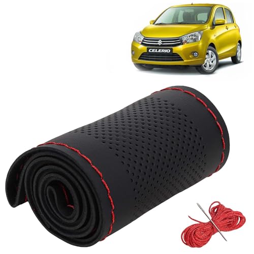 Image of KINGSWAY PU Leatherite Car Steering Cover Sewable Compatible with Maruti Suzuki Celerio (Year 2014-2021), Black Color with Red Thread, Pack of 1 with Sewing Needle and Thread