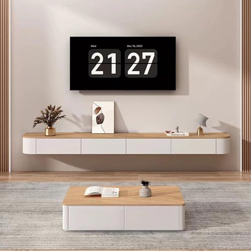 Meuble TV mural flottant en bois massif et blanc de 120 cm avec porte