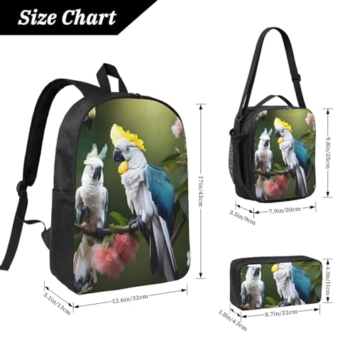 Beautiful Cockatoo Bird Flower print Shoulder Bookbags Lunch Bag and Pen Case 17 inches Backpack with Lunch Box, Cute Bookbag Set4